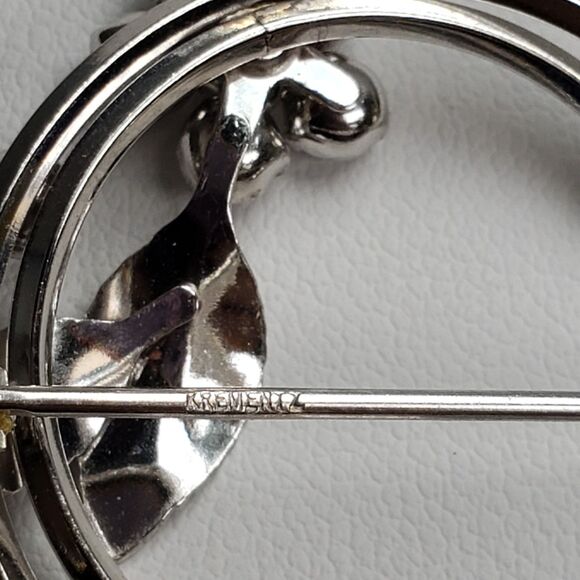 Vtg 70s Signed Krementz Floral Spray Circle Clear Rhinestones Silver Tone Brooch - Picture 15 of 16
